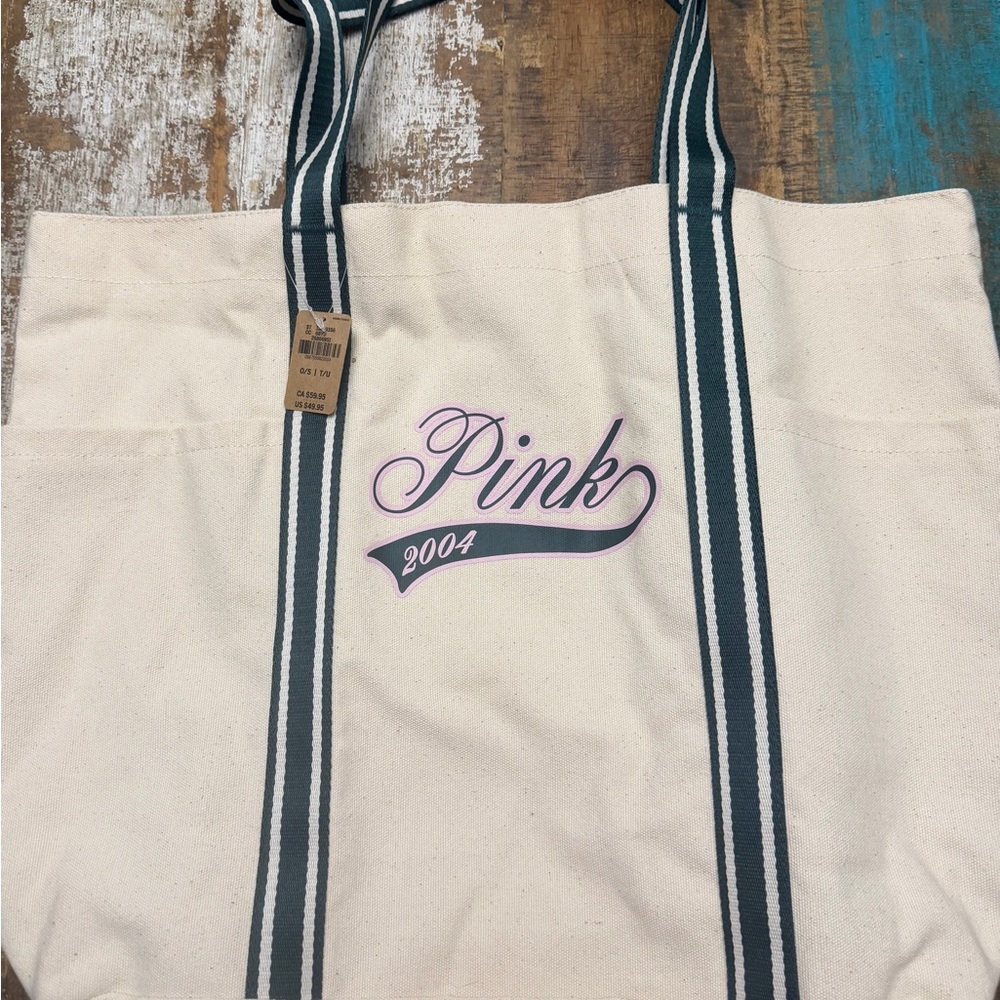 PINK Victoria's Secret Cream Tote with Black Stripes